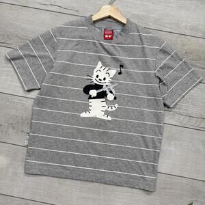 Osamu Goods Striped Cat Graphic Tee Gray White Size S Japanese Streetwear